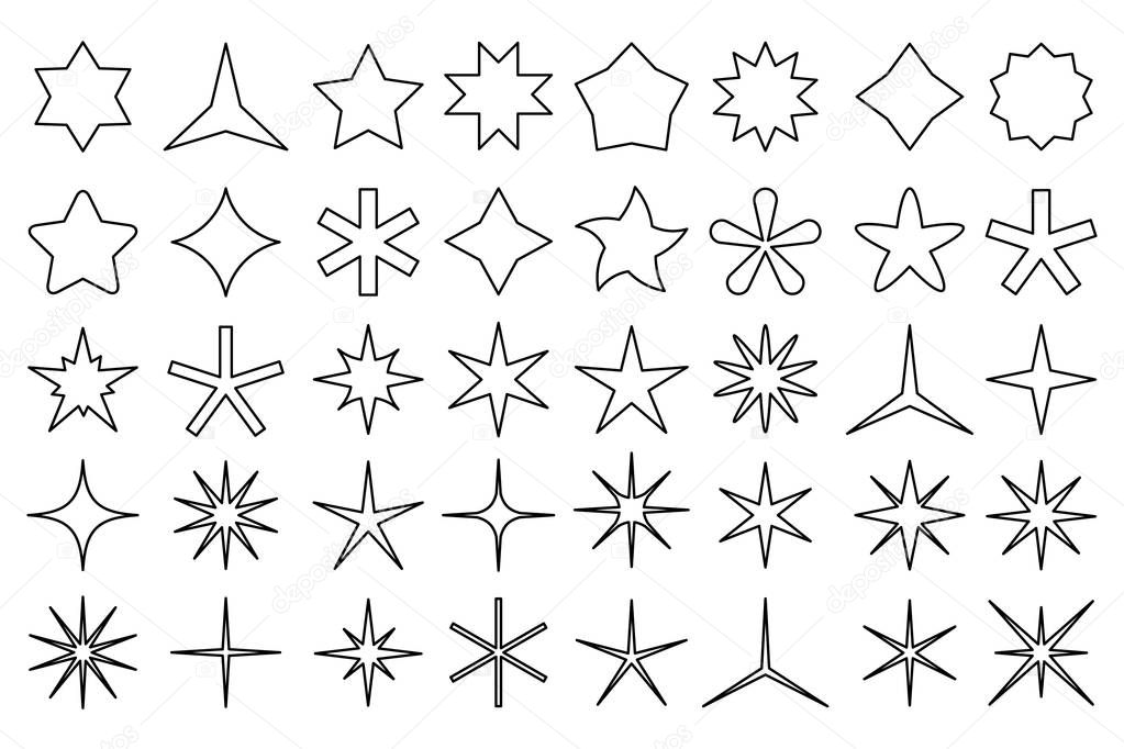 Line star icons. Outline stars shapes, rating favorites and premium icon isolated vector set