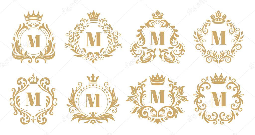 Luxury monogram. Vintage crown logo, golden ornamental monograms and heraldic wreath ornament vector set