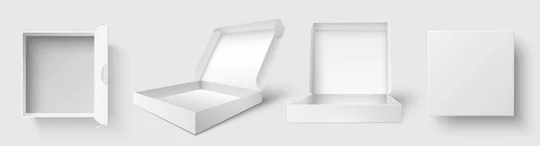 Embalaje de pizza. Caja de pizzas con tapa abierta, cajas de paquetes vacías y paquetes de entrega maqueta 3d aislado vector ilustración conjunto — Archivo Imágenes Vectoriales