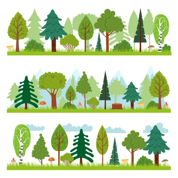 Paisajes forestales. Bosques naturaleza árboles panorama, bosques medio ambiente y pino vector ilustración — Vector de stock