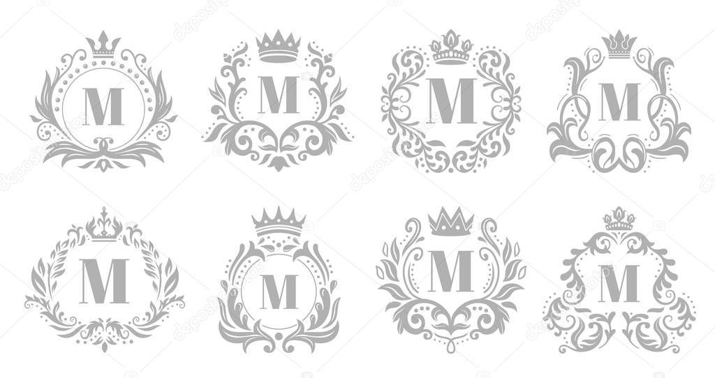 Vintage monogram emblem. Luxury ornate silver logo, heraldic monograms and old king royal crown emblems. Jewelery ornamental, wedding heraldry monogram. Vector illustration isolated icons set