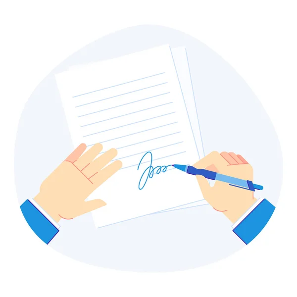 Podpisanie dokumentu. Pióro w dłoni biznesmen, folder schowka z dokumentami biznesowymi i podpisane ilustracji wektor papieru — Wektor stockowy