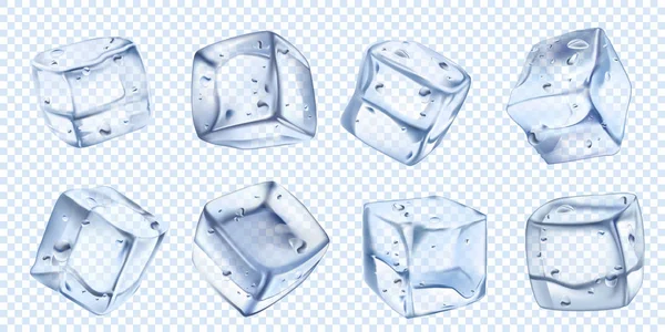 Cubo de gelo realista. Cubos de água gelada para coquetel fresco. Conjunto de ilustrações isoladas com vetor aquático congelado — Vetor de Stock