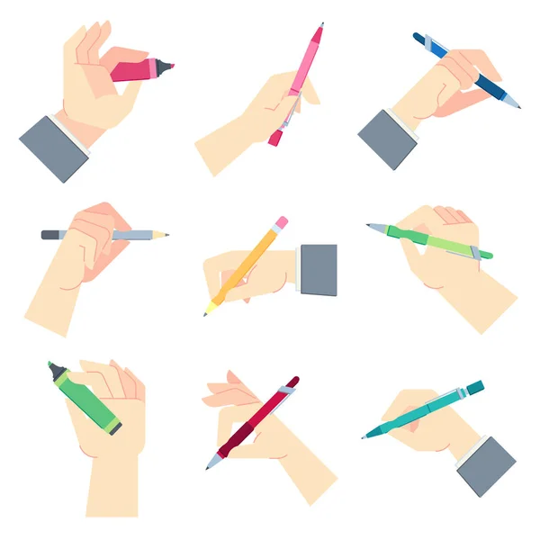 Writing accessories in hands. Pen in businessman hand, write on paper sheet or notepad and hands gestures vector illustration set — 스톡 벡터