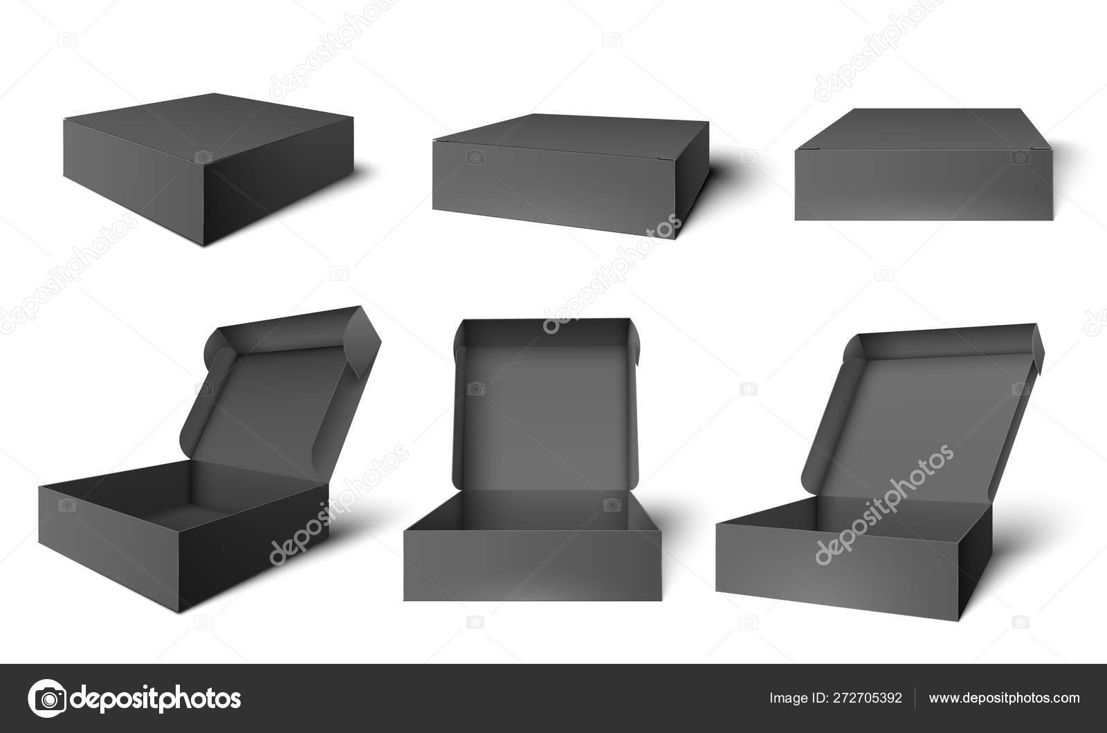 Download Open Black Packaging Box Dark Cardboard Opened And Closed Boxes Package Mockup Template Vector Illustration Set Vector Image By C Tartila Stock Gmail Com Vector Stock 272705392