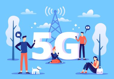 Mobil 5g bağlantısı. Akıllı telefonları olan kişiler yüksek hızlı internet, beşinci nesil ağ ve kapsama alanı vektör illüstrasyonu kullanır