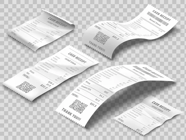 Isometric receipts bill. Printed billing receipt, payment bills and financial bank check print isolated realistic 3d vector set — Stock Vector