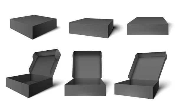 Caja de embalaje negro abierto. Cajas abiertas y cerradas de cartón oscuro, conjunto de ilustración de vectores de plantilla de maqueta de paquete — Vector de stock