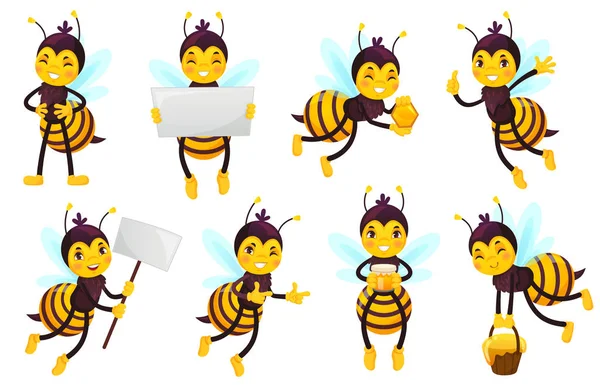 Personnage d'abeille de dessin animé. Miel d'abeilles, volant abeille mignonne et drôle d'abeille jaune jeu d'illustration vectoriel de mascotte — Image vectorielle