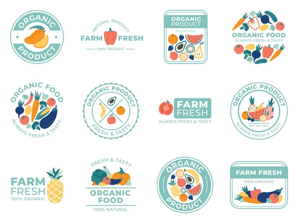 Badges fruits et légumes frais. Aliments biologiques, produits naturels et fruits d'été. Ensemble d'illustrations vectorielles de badge de légumes — Image vectorielle