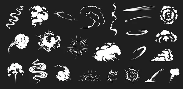 Comic smoke. Smoke puffs vfx, energy explosion effect and cartoon blast vector illustration set — Stock Vector