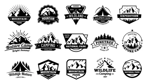 Outdoors nature badges. Adventure emblem, vintage wilderness label and outdooring camping badge vector illustration set — Stock Vector