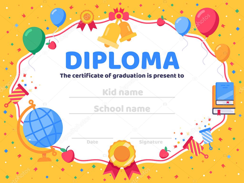 Graduate diploma. School graduation, graduates congratulations and preschool kid or kindergarten certificate vector illustration