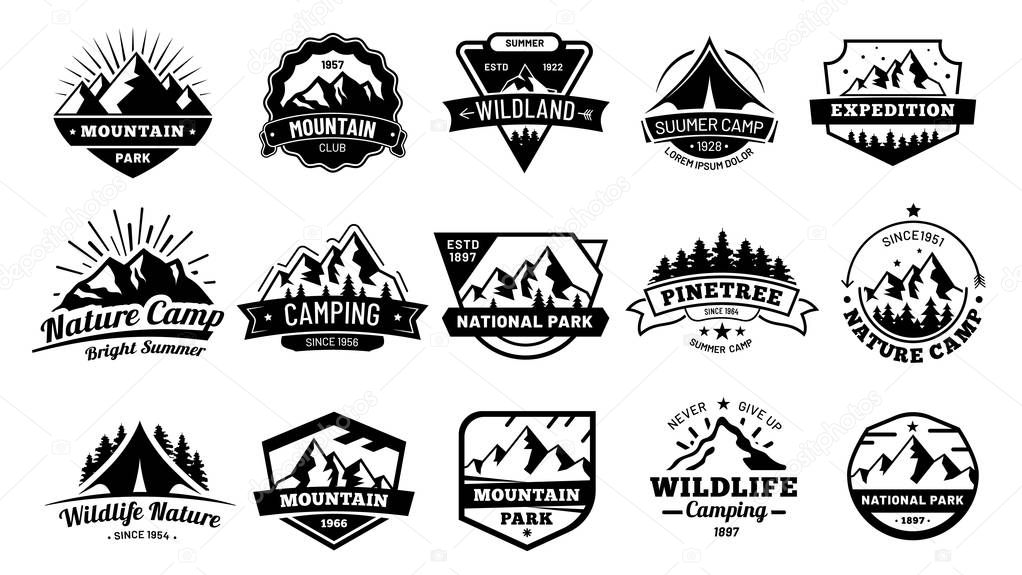 Outdoors nature badges. Adventure emblem, vintage wilderness label and outdooring camping badge. Mountain tourism logo, forest adventure patche. Vector illustration isolated icons set