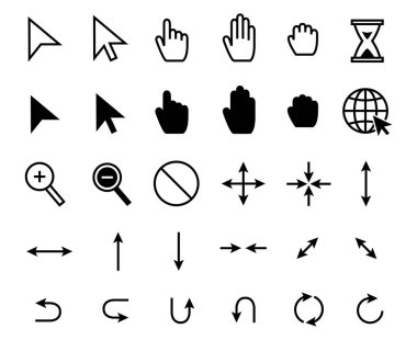 Cursor icons. Web pointer clicking, scale arrow and magnifier icon. Grab hand, pointing arrows and hourglass loading vector set clipart