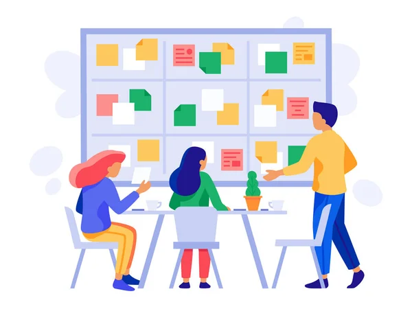 Kanban Board teamwork. Briefing regeling, Scrum management en Business Employee Team planning brainstorm vector illustratie — Stockvector