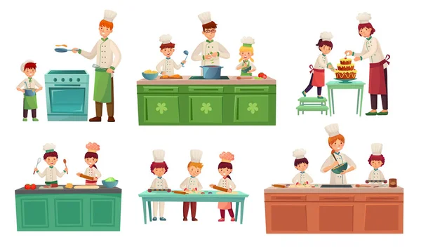 Cucina i bambini. Bambini che cuociono o cucinano il cibo, classi di bambini principali e cucinano con il set di illustrazione vettoriale del bambino — Vettoriale Stock