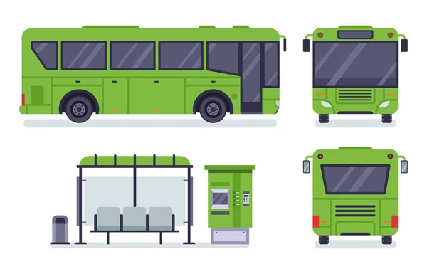 Flat city bus. Public transport stop, autobus ticket office and buses vector illustration set