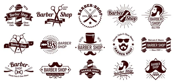 Distintivos de barbeiro vintage. Cavalheiro estilo corte de cabelo, barbearia navalha e salão de barbear. Mans cabelo cortes de cabelo emblema vetor ilustração conjunto — Vetor de Stock