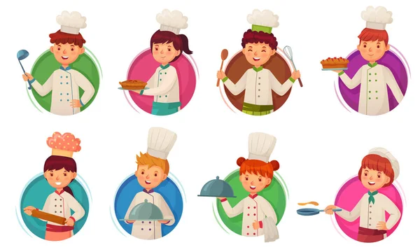 Little Kid chef-kok. Kinderen koken, kinderen koks in cirkelframe en kind koks in ronde hole cartoon vector illustratie set — Stockvector