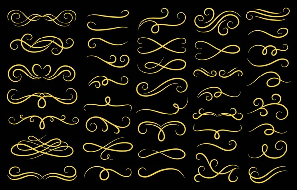 Vintage swirls ornament. Decorative golden ornamental swirl, medieval motif curls and gold filigree ornaments divider vector set — Stock Vector