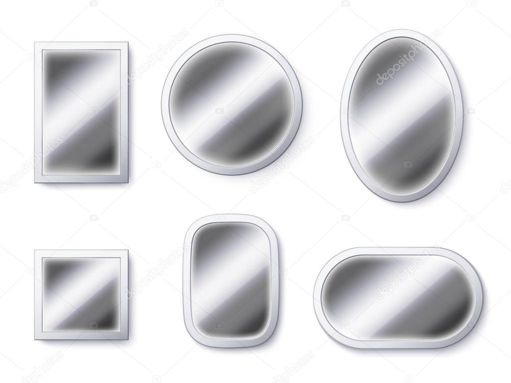 Realistic mirrors surfaces. Mirror frame, reflective surface and mirroring glass 3D isolated vector illustration