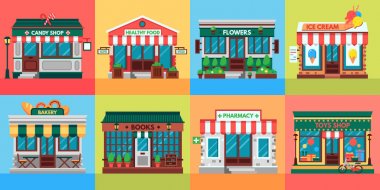 Yerel dükkanlar cepheler. Bakkal kapı, eski butik mağaza binası ön ve perakende mağazaları cephe düz vektör seti