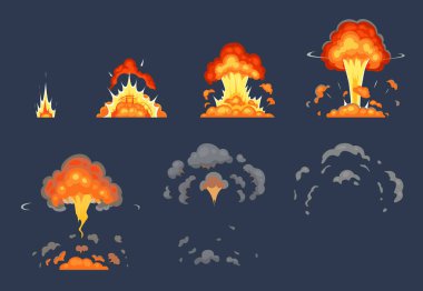 Karikatür bomba patlama animasyon. Patlayan animasyonlu kareler, atomik patlama etkisi ve patlamalar duman vektör illüstrasyon seti
