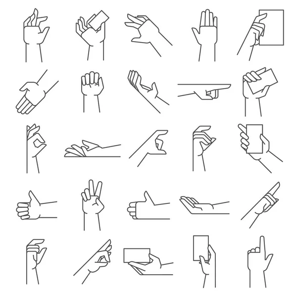 Line hand gestures. Pointing gesture, hold in hands and like icon vector illustration set — Stock Vector