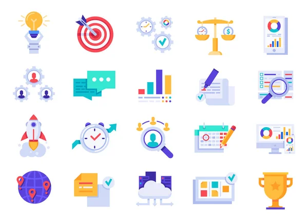 Iconos de negocios. Empresa startup, objetivos corporativos e iconos de vectores planos de visión de marca — Vector de stock