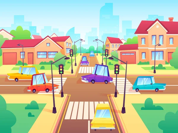 Encrucijada con coches. Ciudad suburbio atasco de tráfico, cruce de calles con semáforos e intersección de carreteras ilustración vectorial de dibujos animados — Archivo Imágenes Vectoriales