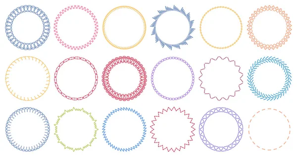 Sewing circle frames. Embroidered borders, stitched round frame and sew seams border pattern vector illustration set — Stock Vector