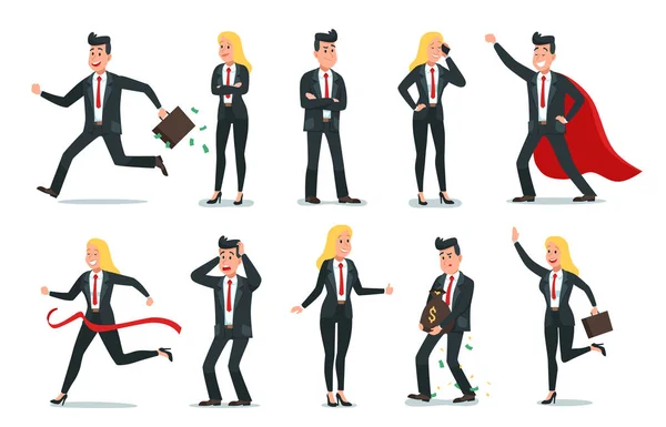 Zakenman en zakenvrouw personages. Office team worker, succes zakenmensen en werknemers vector illustratie set — Stockvector