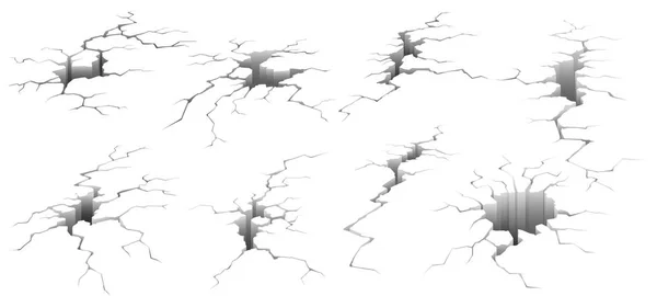 Fessure da terra. Set di illustrazioni vettoriali isolate per crepe da terremoto, effetto foro e superficie incrinata — Vettoriale Stock