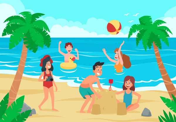 Kids Beach. Happy barnens Fun on Sea Shore Sand Beach, barn sola och simning Kid Cartoon Vector illustration — Stock vektor