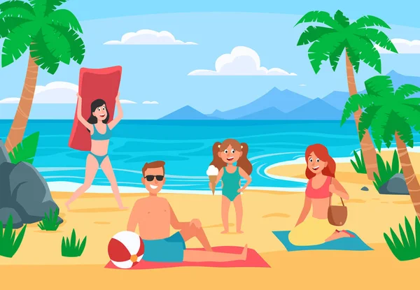 Family beach vacation. Young family with happy kids sunbathing on sand beach, summer seashore cartoon vector illustration