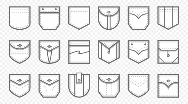 Aufgesetzte Tasche. einheitliche Kleidungstaschen-Patches mit Naht, aufgesetzte Denim Pocket Line Icon Vector Set — Stockvektor