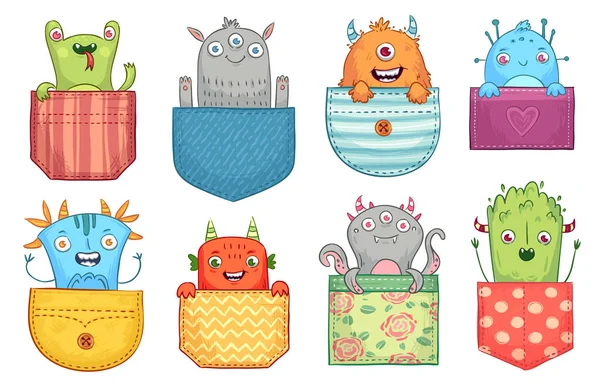 Monstro de bolso dos desenhos animados. Monstros engraçados nos bolsos, criaturas assustadoras do dia das bruxas e pequeno conjunto de ilustrações vetor monstro boo — Vetor de Stock