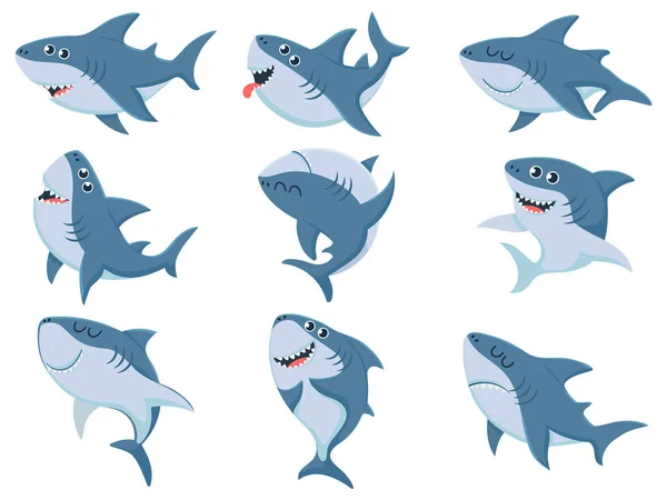 Çizgi film köpekbalıkları. Komik köpekbalığı hayvanlar, korkunç çeneler ve okyanus yüzen kızgın köpekbalıkları vektör illüstrasyon seti — Stok Vektör