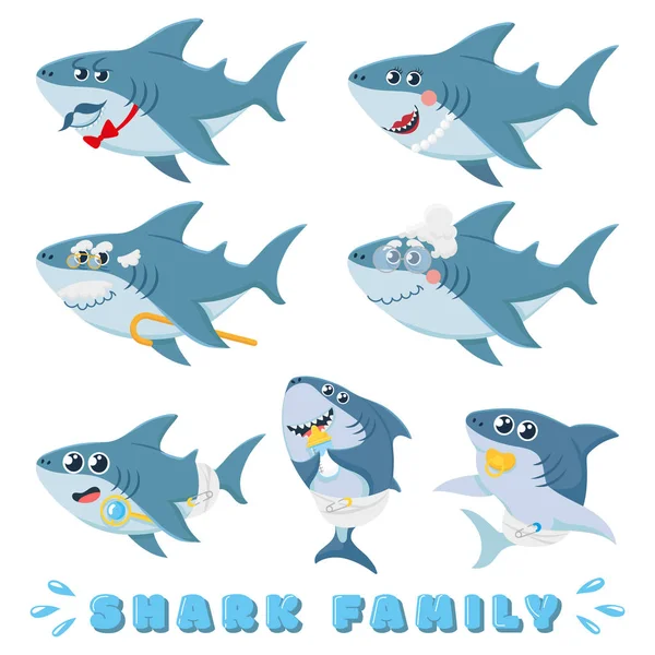 Cartoon cápák családja. Újszülött cápa, képregény tengeri apja és vidám anyaccápák karakter vektoros illusztráció meg — Stock Vector