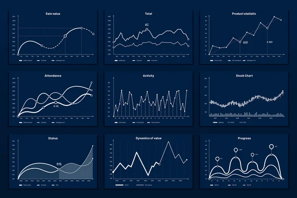 Datengrafische Diagramme. Mathematik Koordinaten Graph, Wachstumshoroskop Graphik und Geschäftsinfografik Graphik Vektor Illustration Set — Stockvektor