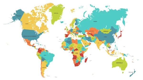 Carte du monde colorée. Cartes politiques, pays du monde colorés et noms de pays illustration vectorielle — Image vectorielle