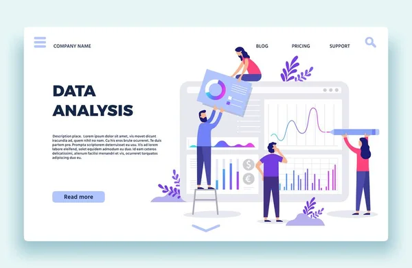 Página de aterrizaje del analista financiero. Previsiones bursátiles, estadísticas bursátiles y tendencias empresariales predicen ilustración vectorial plana — Archivo Imágenes Vectoriales