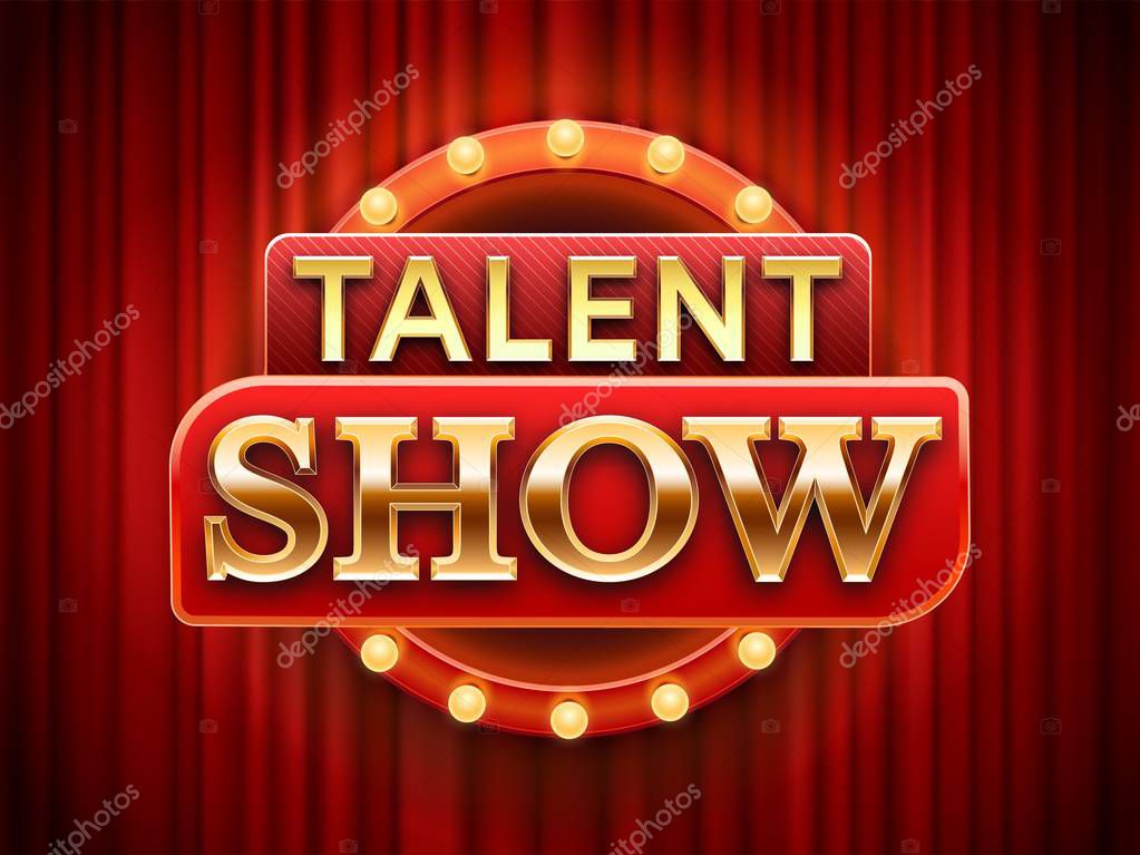 Talent show sign. Talented stage banner, snows scene red curtains and event invitation poster. Theater performance banner, talent day festival curtain chalkboard vector illustration
