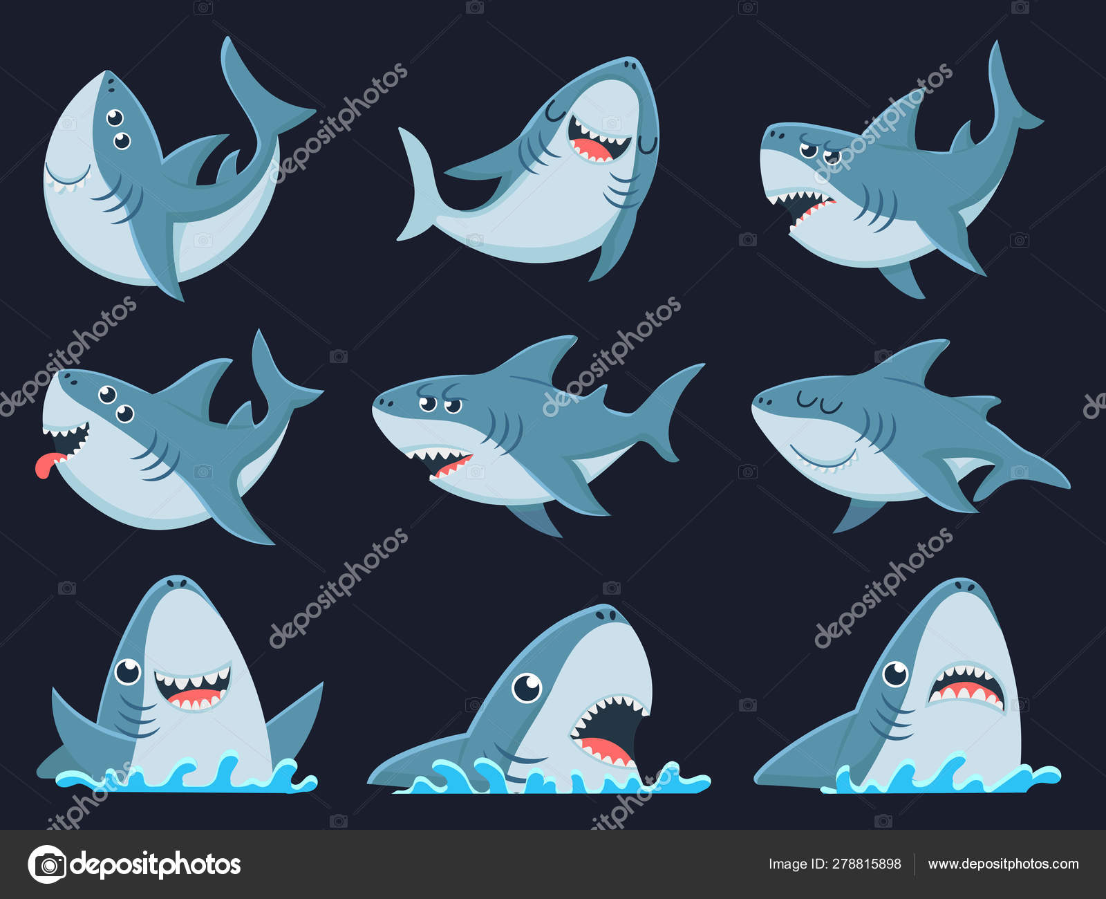Mascote de tubarão-marinho. Tubarões assustadores animais, mandíbulas  sorridentes e tubarão nadador desenho animado conjunto ilustração Vetor de  ©tartila.stock.gmail.com 278815898, image size:1600x1300