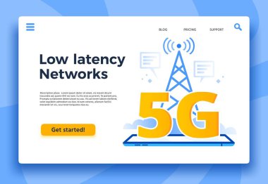 Mobil 5g açılış sayfası. Hızlı internet bağlantısı, düşük gecikme li ağlar ve iletişim ağı kapsama vektör illüstrasyonu
