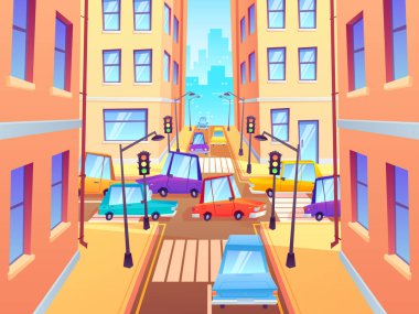 Arabalı şehir kavşağı. Yol trafik kavşağı, şehir sokak araba sıkışması ve trafik ışıkları karikatür vektör illüstrasyon ile yaya geçidi