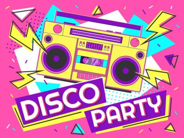 Disko parti afişi. Retro müzik posteri, 90'ların radyo ve kaset kaset çalar funky renkli tasarım vektör arka plan illüstrasyon