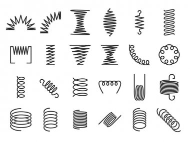 Bahar bobinleri. Metal spiral yaylar, metalik bobin ve lineer spiraller siluet vektör simge seti
