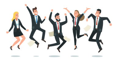Atlama iş takımı. Ofis çalışanları atlamak, mutlu kurumsal meslektaşları birlikte atladı ve takım çalışması eğlenceli vektör karikatür illüstrasyon